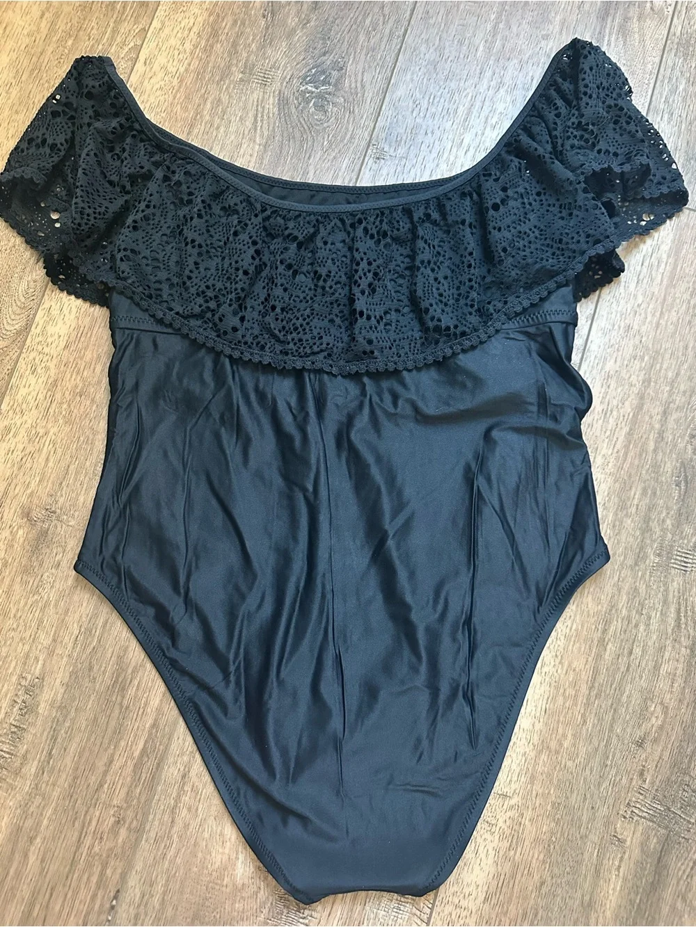 NEW! Shade & Shore Women’s One Piece Swimsuit, Solid Black, Lace Overlay, XL
